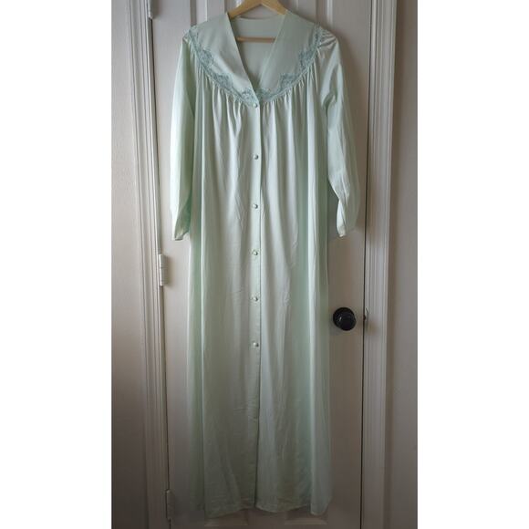 Shadowline Vintage Full Robe Mint Green Lace Trim Floral Size Large Long Sleeve - Picture 3 of 9